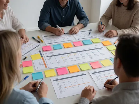 Team members collaborating over strategic blueprints, sticky notes, and pens on a table with natural light in a professional setting