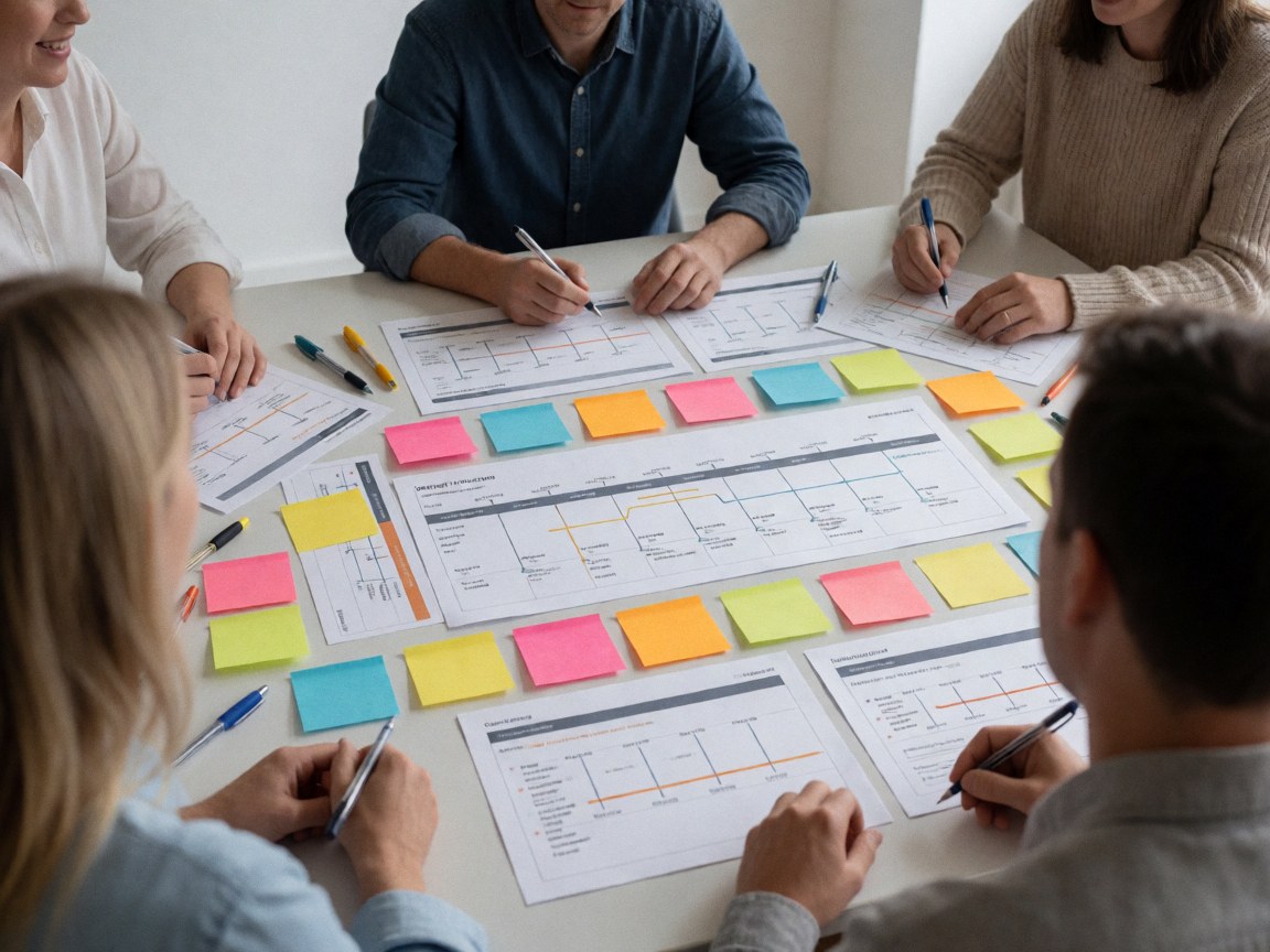 Team members collaborating over strategic blueprints, sticky notes, and pens on a table with natural light in a professional setting