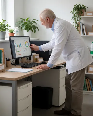 Middle-aged nutritionist reviewing health charts on a computer monitor at a desk with plants and books in the background.