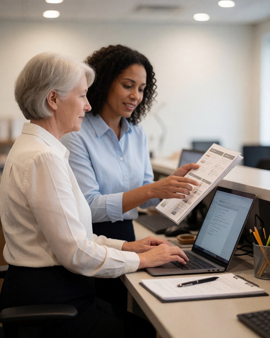 Two women working in an office, one using a laptop and the other reviewing a catalog in a realistic professional environment