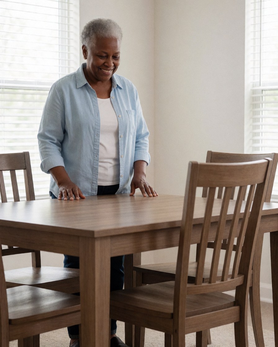 A smiling woman stands in a bright modern dining room, admiring the new wooden table and chairs in her newly renovated home.