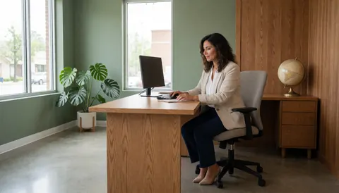 Professional woman working at a desk in a modern financial office with green walls, polished floors, a plant, and a globe, bathed in natural light.