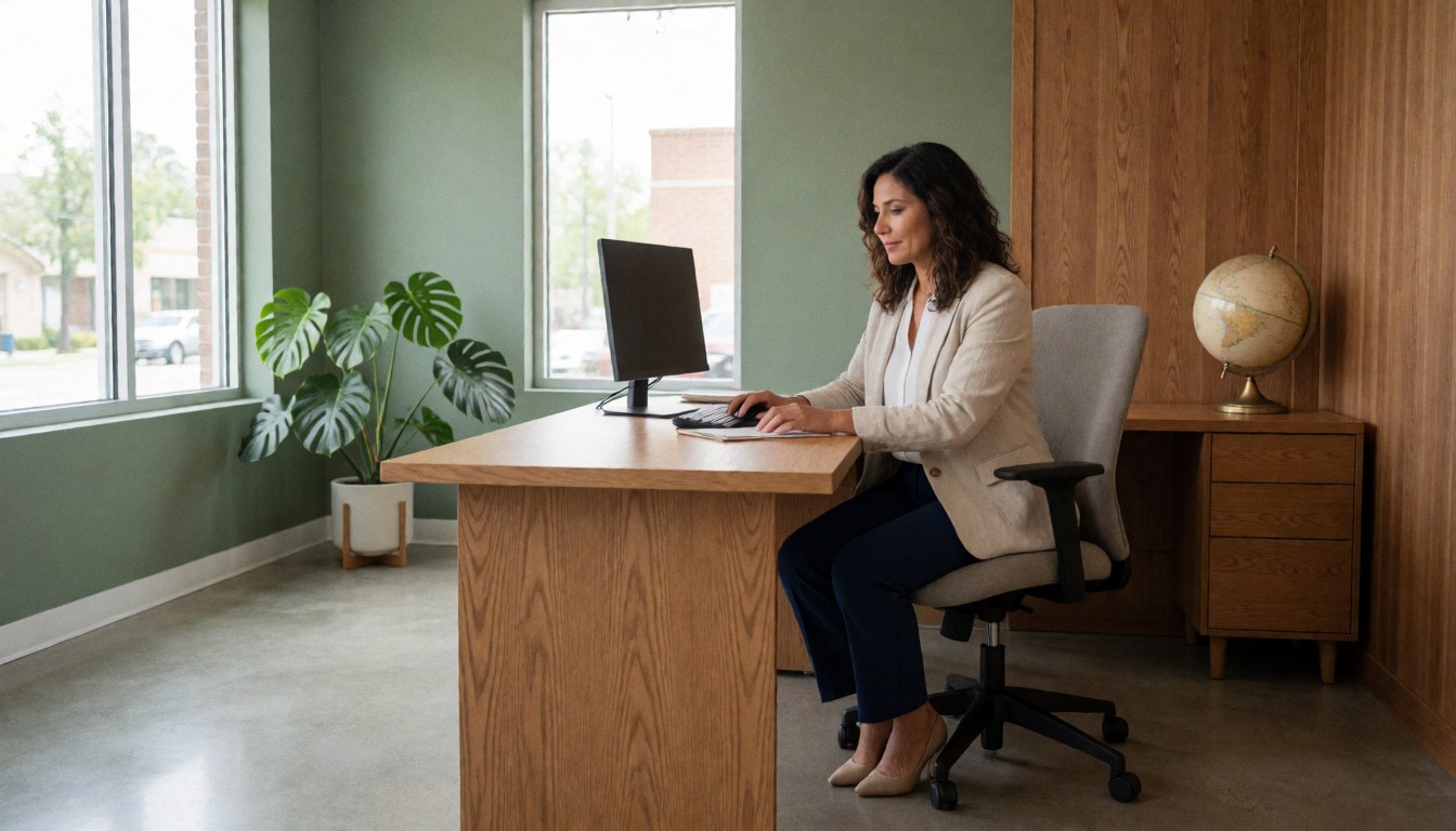 Professional woman working at a desk in a modern financial office with green walls, polished floors, a plant, and a globe, bathed in natural light.