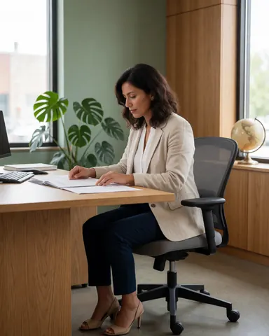 Professional woman reviewing documents at desk with green walls, plant, and natural light in modern office