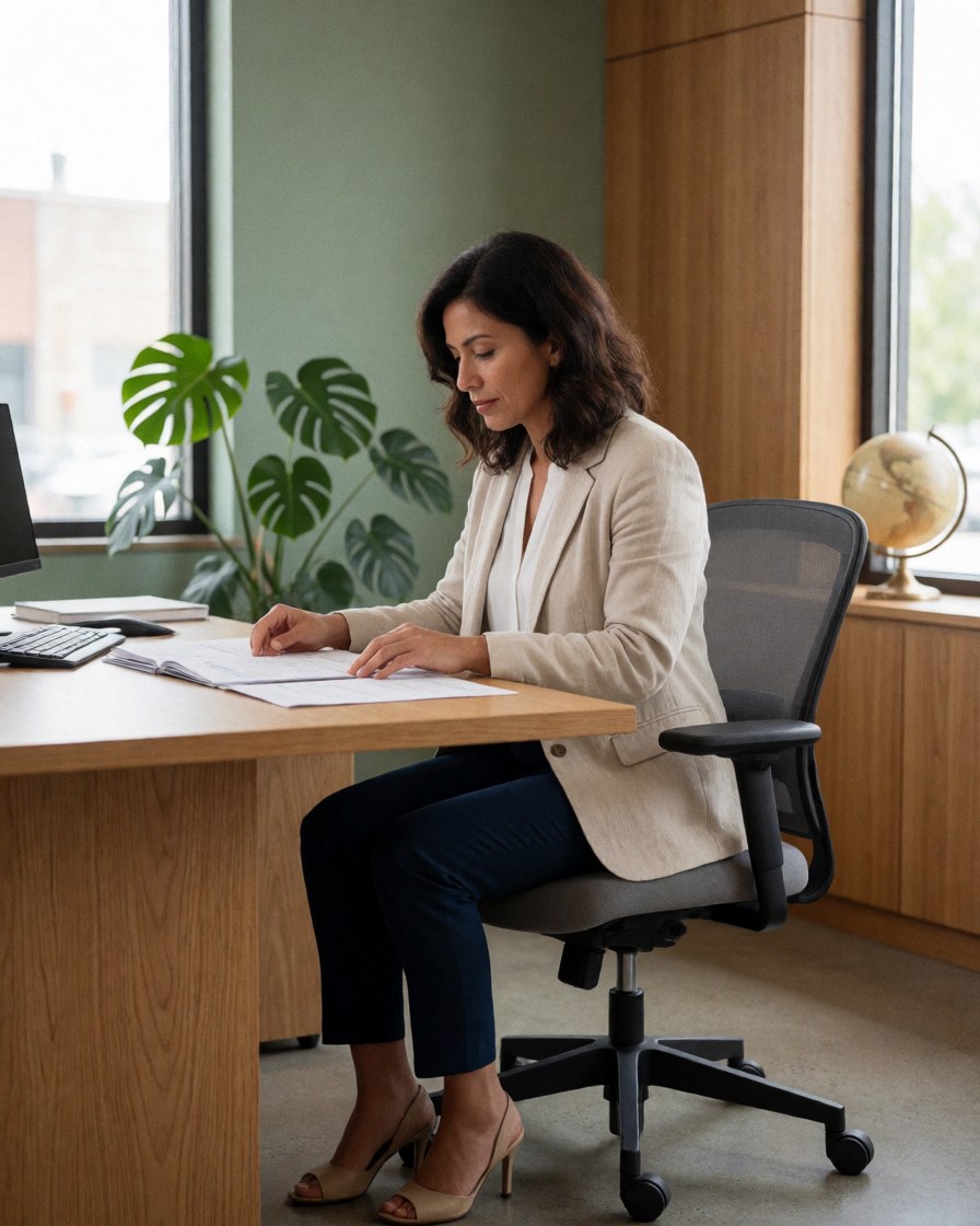 Professional woman reviewing documents at desk with green walls, plant, and natural light in modern office
