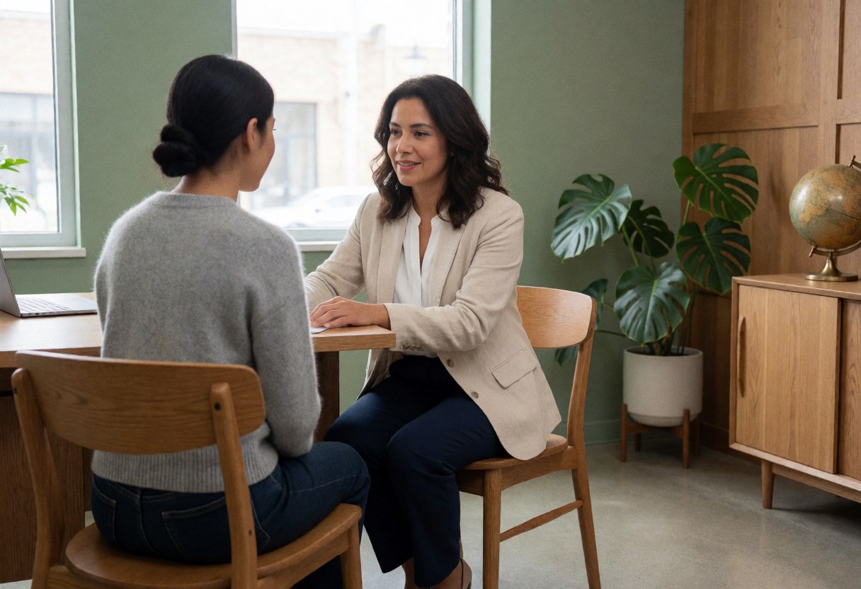 A female financial advisor discusses matters with a client in a modern office featuring sage walls, a plant, and a globe.