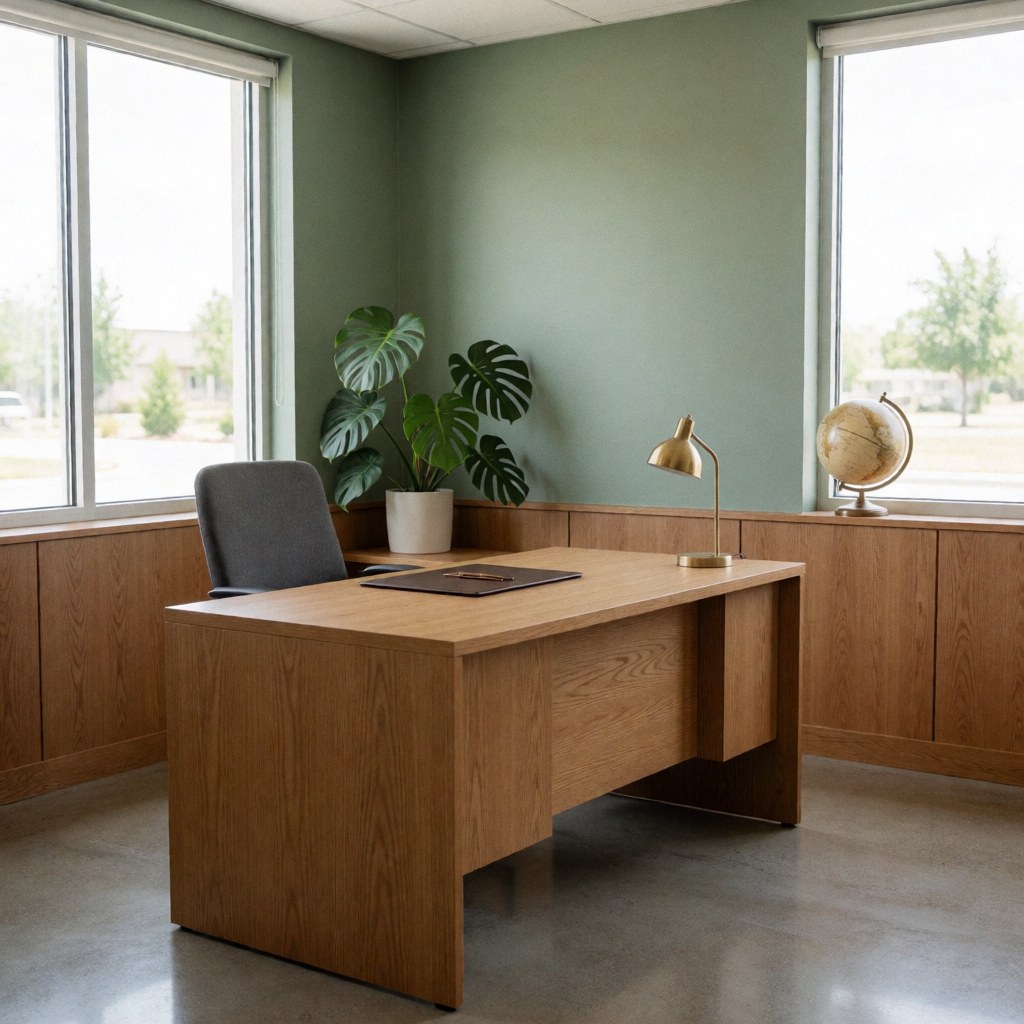 A clean wooden desk in a modern office setting featuring financial planning materials, a potted monstera plant, and natural light against a green wall