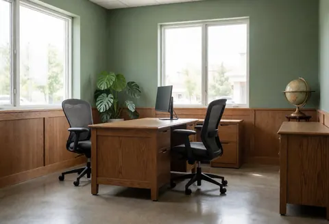 Modern banking office with sage green walls, polished floors, wooden furniture, monstera plant, and natural light.