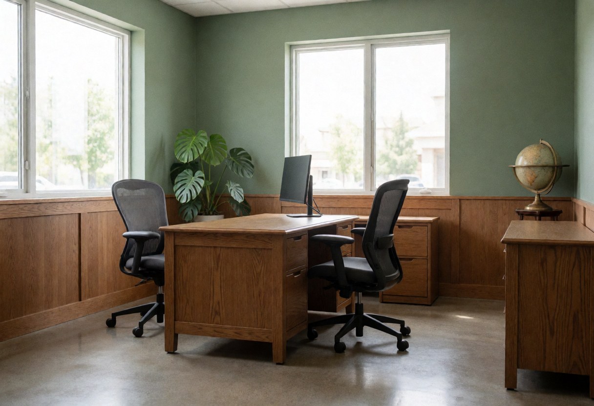 Modern banking office with sage green walls, polished floors, wooden furniture, monstera plant, and natural light.