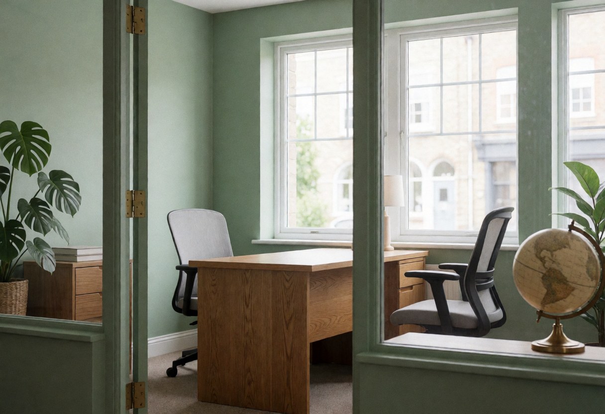 Modern banking office featuring green walls, wooden desk, ergonomic chairs, indoor plant, globe, and natural light from windows.