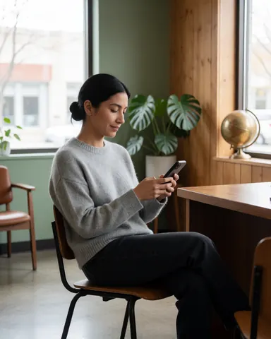 A satisfied woman sitting in a bright modern office, using her smartphone with a relaxed expression, surrounded by green plants and natural light