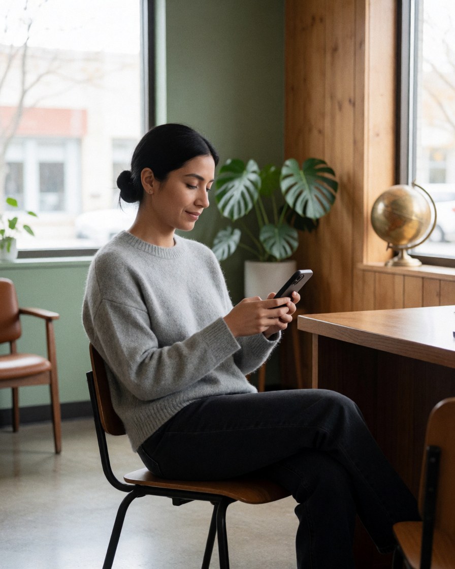A satisfied woman sitting in a bright modern office, using her smartphone with a relaxed expression, surrounded by green plants and natural light