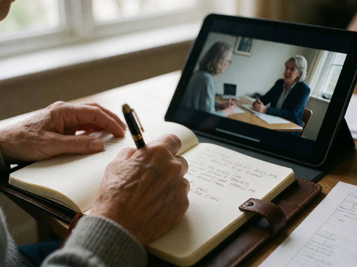 Close-up of an adult hand writing in a leather notebook next to a tablet displaying a video lesson with soft natural window light