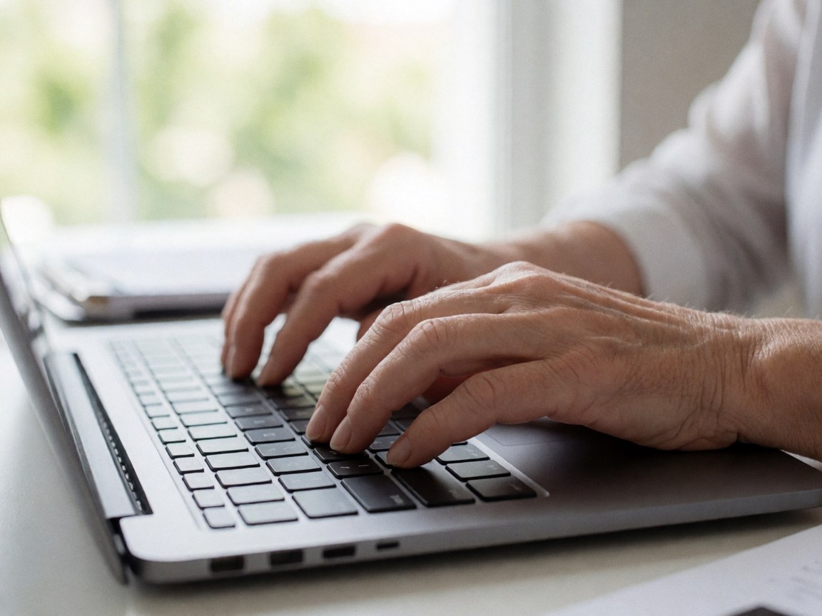 Close-up of adult hands typing on a laptop keyboard with natural window light and a blurred professional background