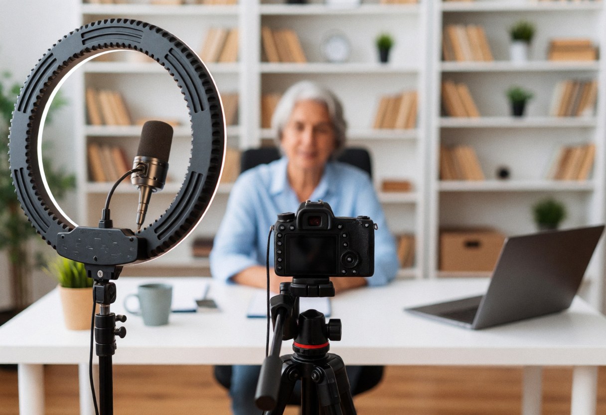 Instructor recording an online class with a camera, microphone, and ring light in a home studio with bookshelves.