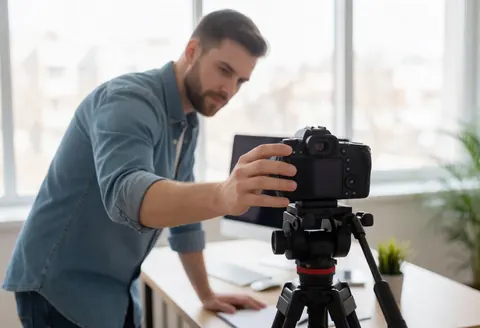 Professional adjusting a camera on a tripod in a modern studio with natural light, preparing content for online courses in a serious work environment