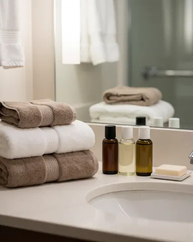 Clean hotel bathroom counter featuring neatly folded white towels, soap, and bottles on a wooden surface near a mirror and sink