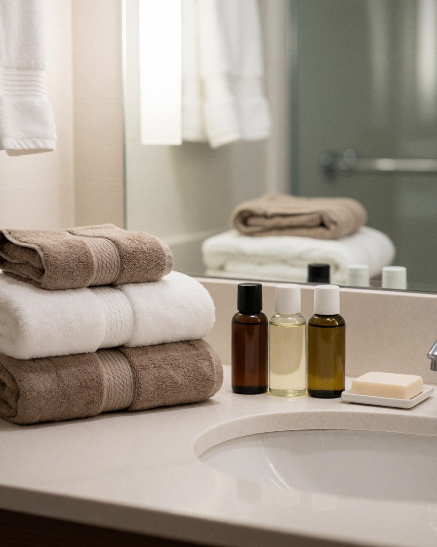 Clean hotel bathroom counter featuring neatly folded white towels, soap, and bottles on a wooden surface near a mirror and sink