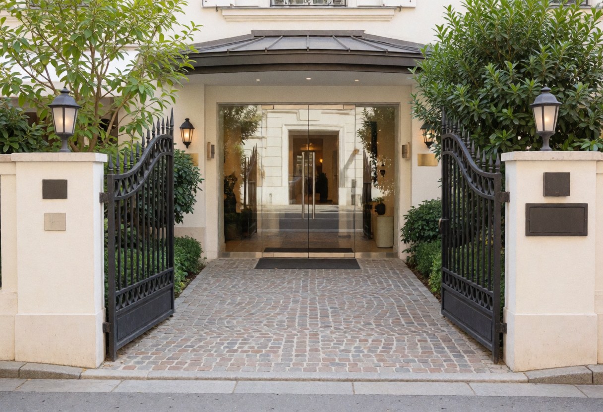 The main entrance of a hotel featuring an elegant iron gate, paved walkway, and surrounding greenery leading to the glass doors.