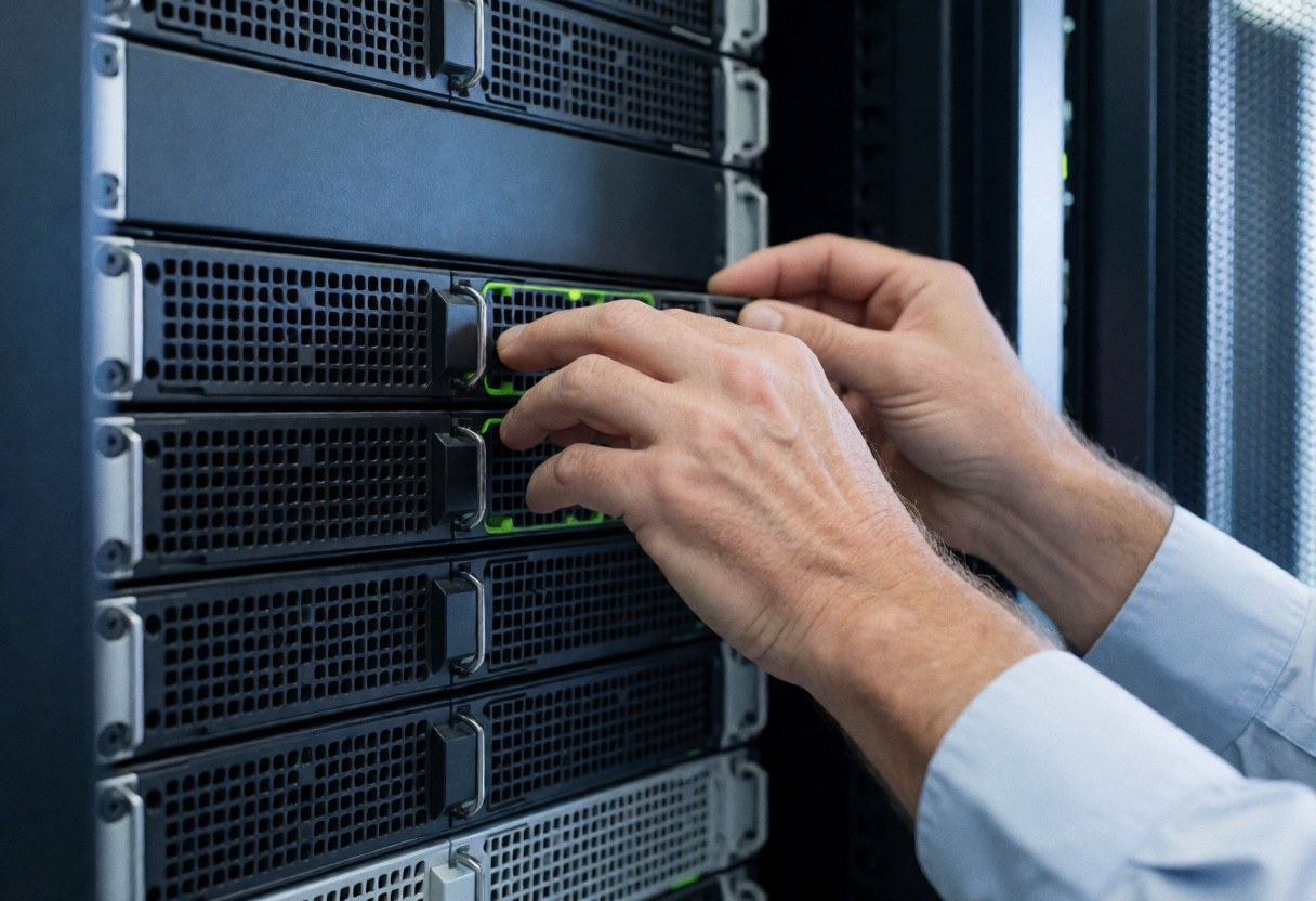 A technician performing maintenance on server racks in a modern data center with blue lighting and cables