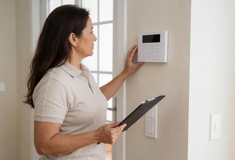 A professional woman in uniform checks a security control panel inside a well-lit home, holding a clipboard for inspection.