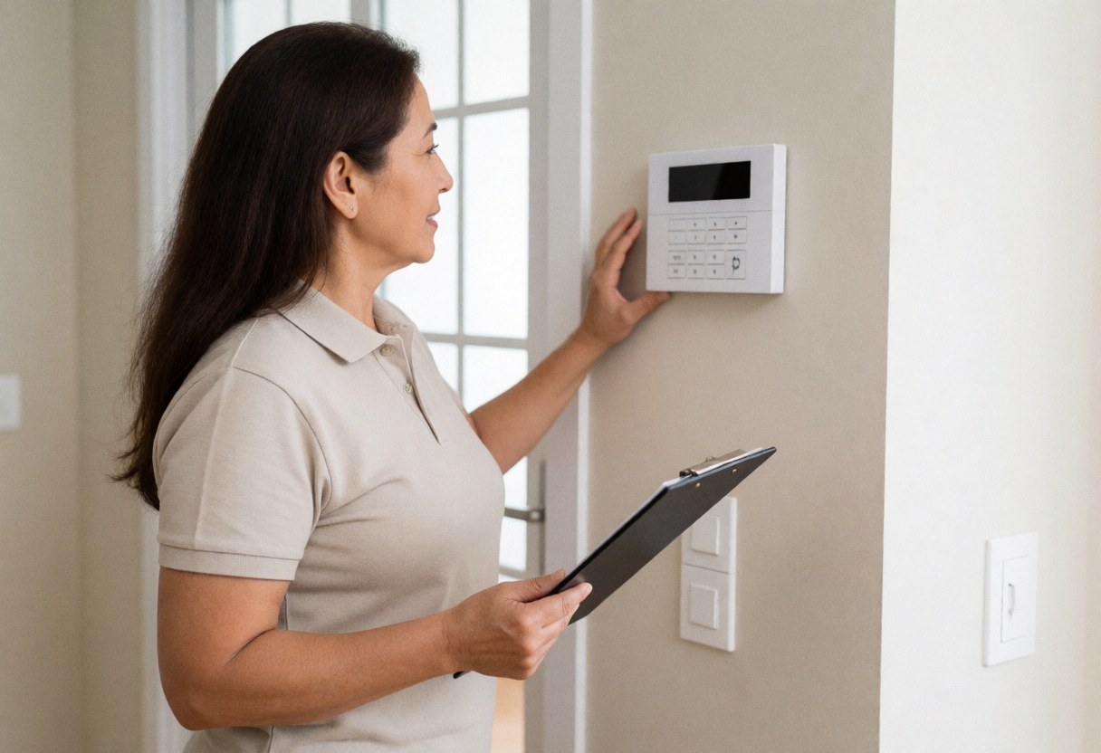 A professional woman in uniform checks a security control panel inside a well-lit home, holding a clipboard for inspection.