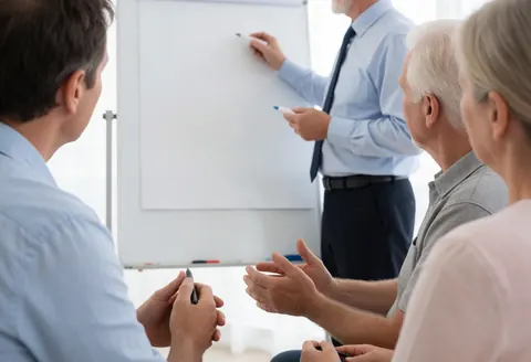 A trainer writes on a whiteboard while an attentive group listens and takes notes in a bright meeting room.