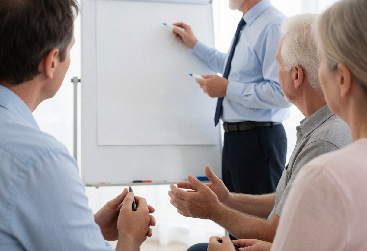 A trainer writes on a whiteboard while an attentive group listens and takes notes in a bright meeting room.