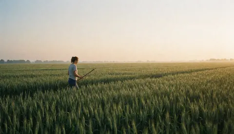 A vast field of golden wheat stretching to the horizon under the soft morning light of dawn, representing agricultural abundance and natural beauty.