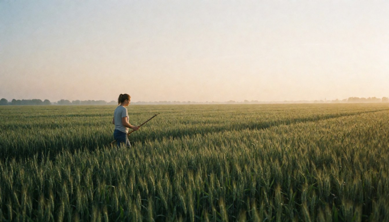A vast field of golden wheat stretching to the horizon under the soft morning light of dawn, representing agricultural abundance and natural beauty.