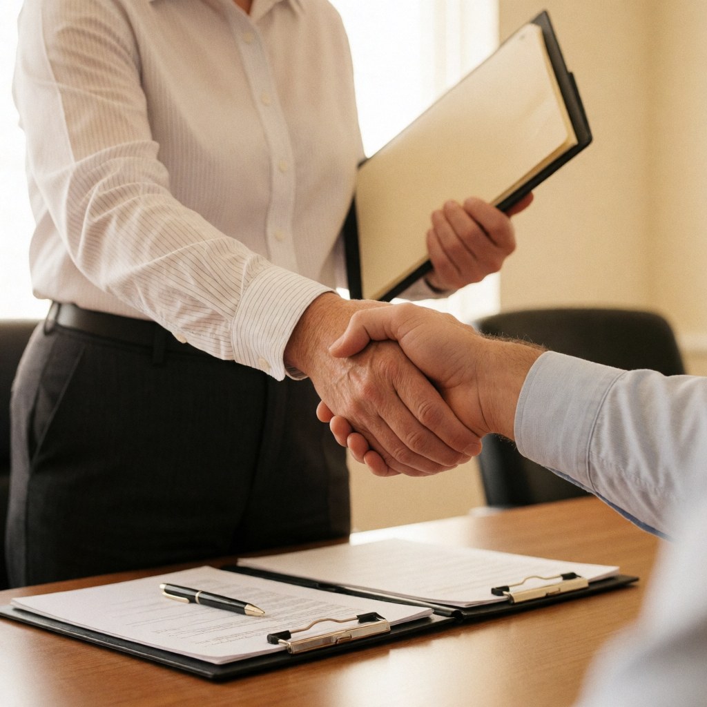 Close-up view of two professionals shaking hands over a wooden office desk with a folder and pen, symbolizing a business agreement or partnership.