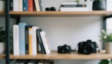 A soft, out-of-focus office background featuring wooden shelves, books, cameras, and green plants, ideal for tech startup text overlays