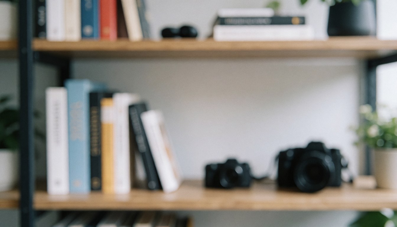 A soft, out-of-focus office background featuring wooden shelves, books, cameras, and green plants, ideal for tech startup text overlays