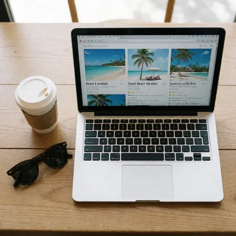 Laptop displaying a tropical beach itinerary alongside coffee and sunglasses on a wooden desk, illustrating travel planning.