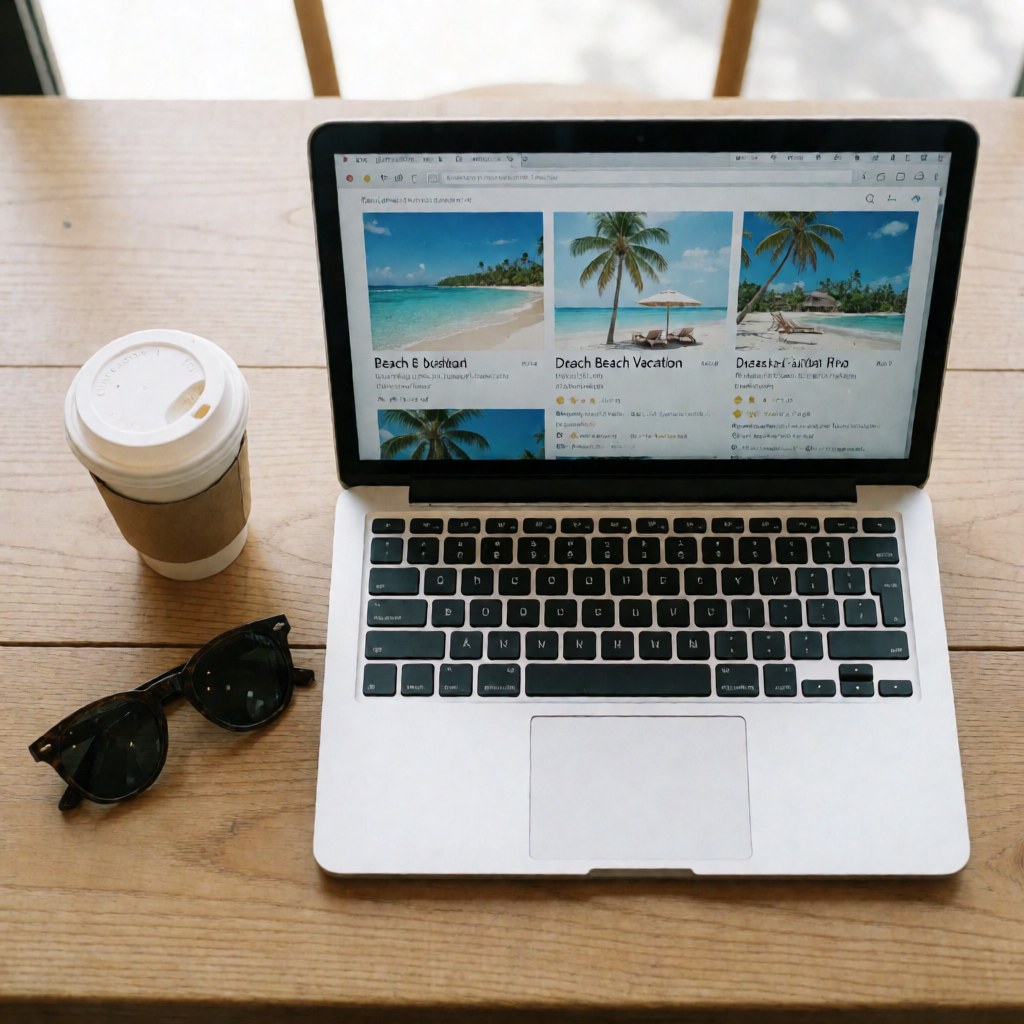 Laptop displaying a tropical beach itinerary alongside coffee and sunglasses on a wooden desk, illustrating travel planning.