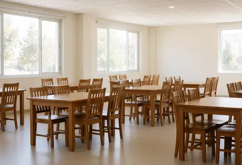 Spacious community room featuring wooden tables and chairs, large windows with natural light, white walls, and light flooring for meetings or events