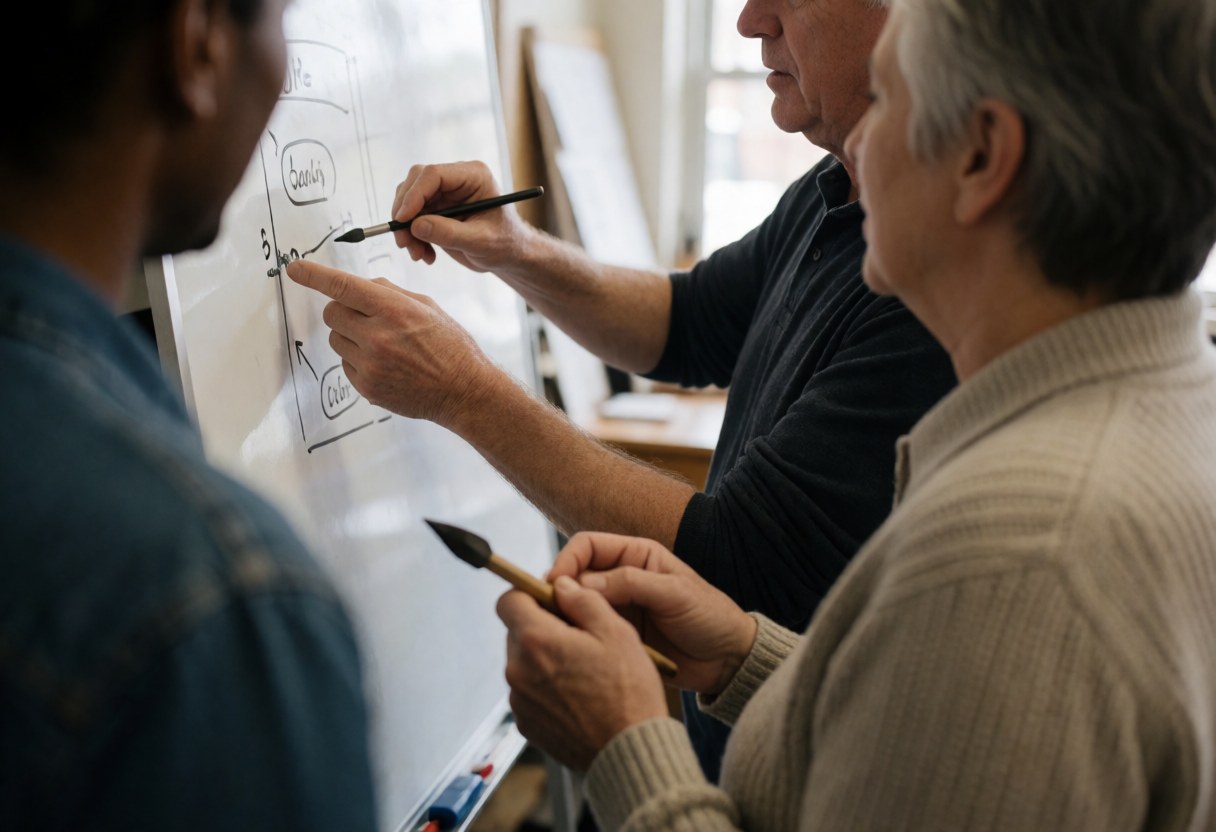 Adult professor explains a diagram on a whiteboard to adult students in a realistic classroom setting with visible hands and tools.