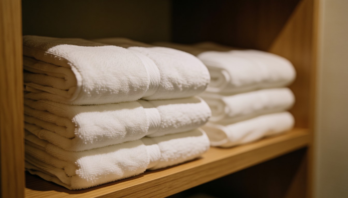 Stacked white towels on a wooden shelf with warm lighting and a blurred background, creating a cozy and clean atmosphere.