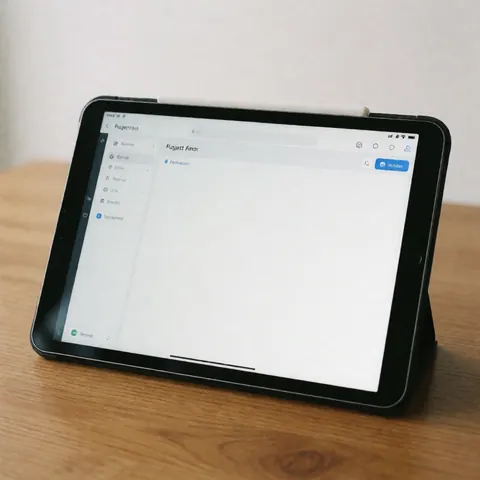 A tablet displaying a project management software interface with task lists and progress bars, resting on a wooden desk surface for a startup business.