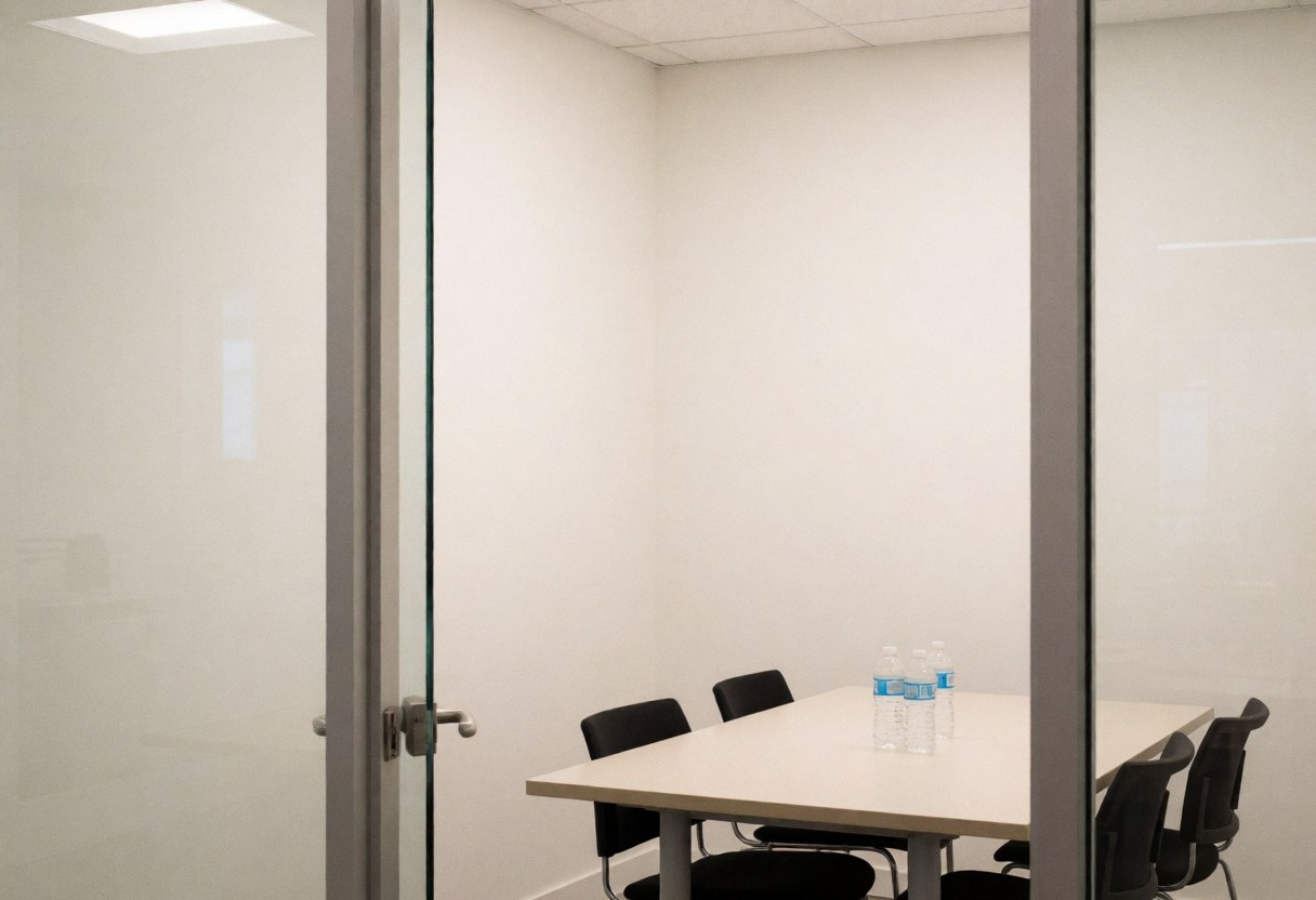 Empty minimalist conference room featuring a table, black chairs, water bottles, and white walls, suitable for nonprofit organizations and community groups.