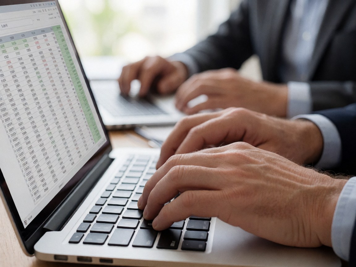 Close-up of hands typing on a laptop keyboard with a financial spreadsheet visible on the screen in a professional office setting with natural light.