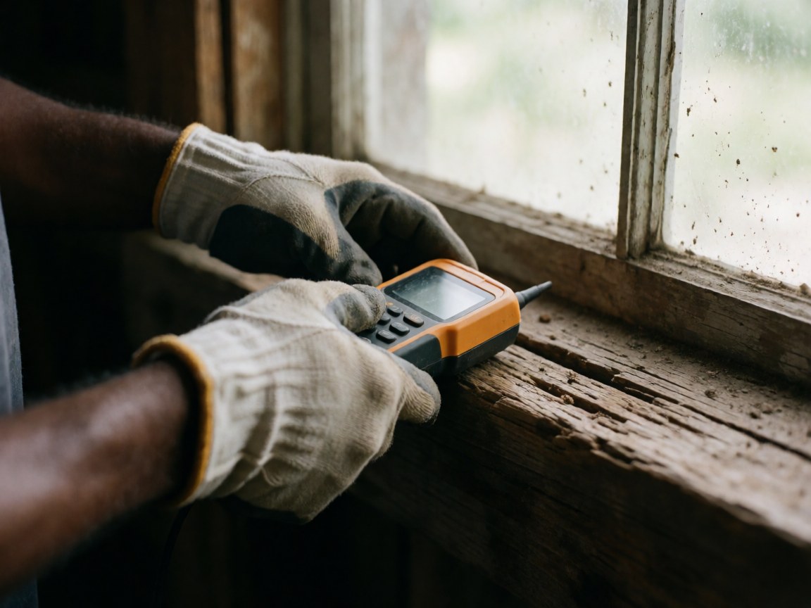 Close-up of gloved hands using a moisture meter to inspect old wood structure for damage during field work