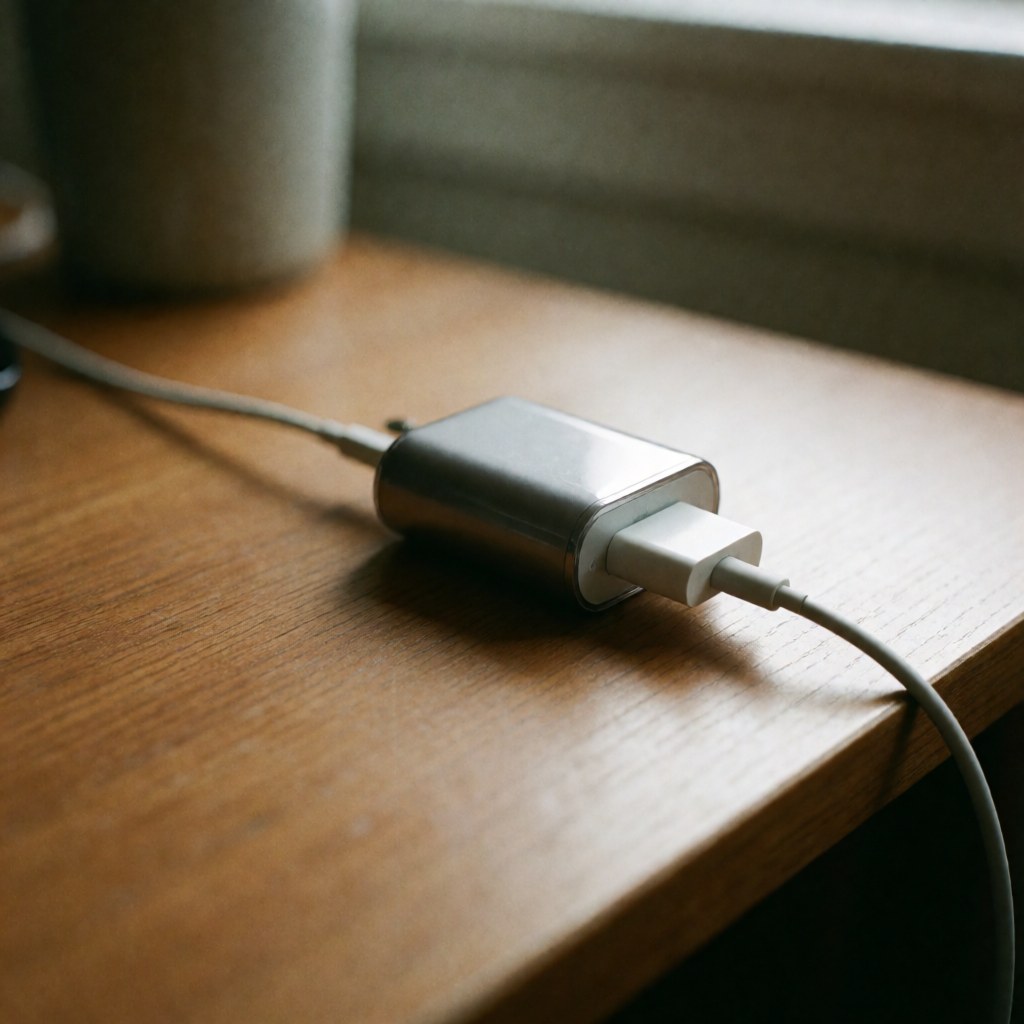 A wooden charging accessory designed for electronic devices, featuring a cable and connector, placed on a surface with soft lighting and shadows.