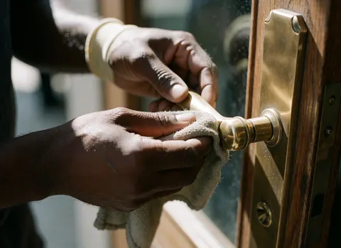 Detailed view of a polished bronze door handle on a wooden hotel door, showing careful maintenance and craftsmanship with sunlight highlighting the texture and shine