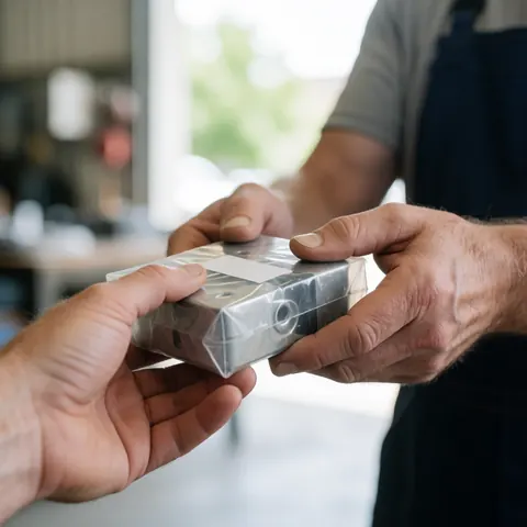 Seller hands handing packaged metal part to client in industrial workshop with blurred natural light background