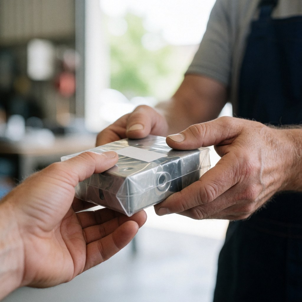 Seller hands handing packaged metal part to client in industrial workshop with blurred natural light background