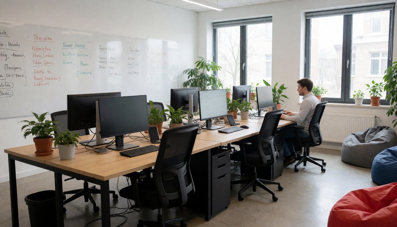 Modern software office featuring long desks, monitors, plants, chairs, and a person working on a computer with whiteboard and large windows.