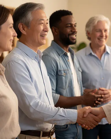 A smiling client shakes hands with a provider during a team meeting, surrounded by other professionals in a warm, collaborative business environment.