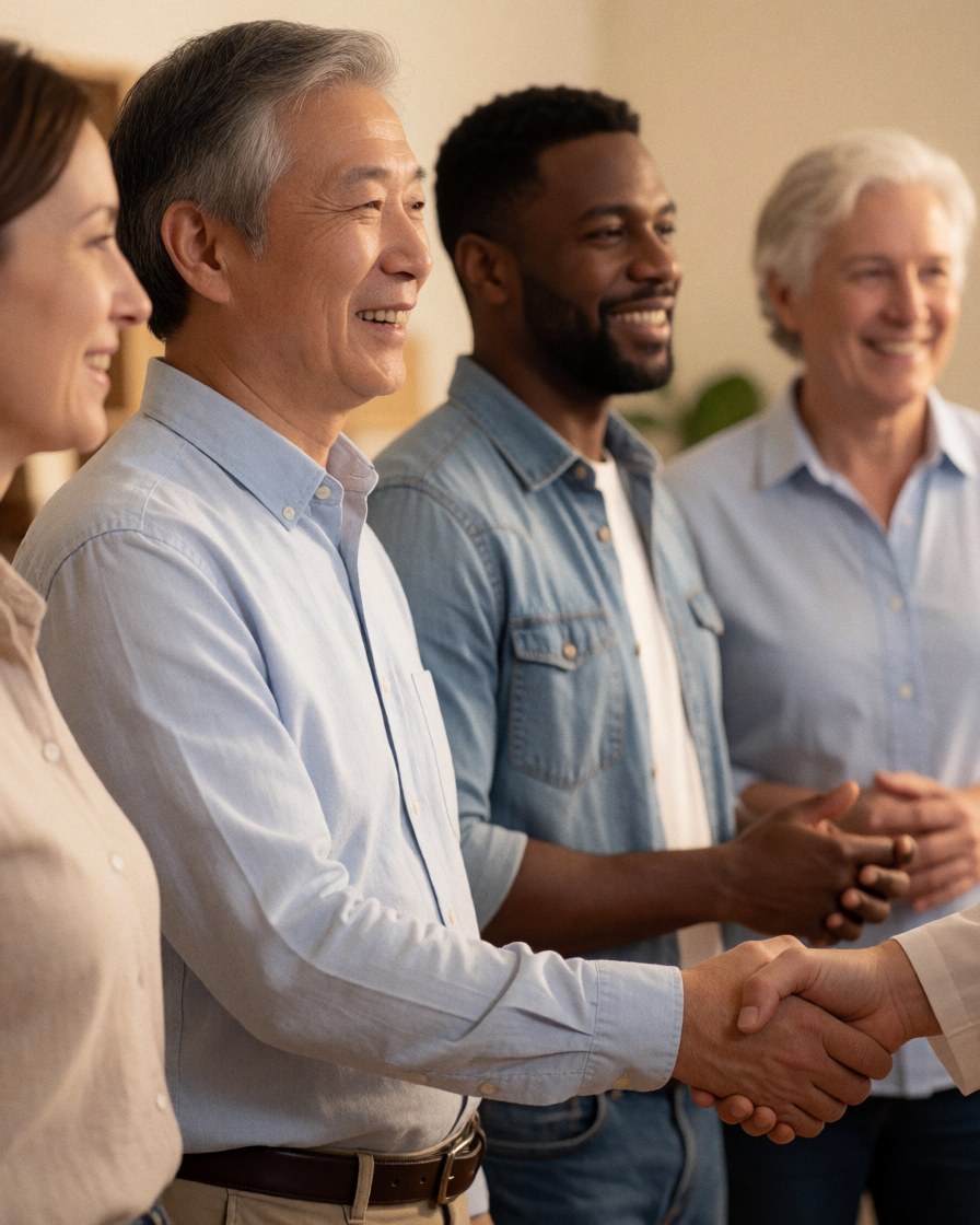 A smiling client shakes hands with a provider during a team meeting, surrounded by other professionals in a warm, collaborative business environment.