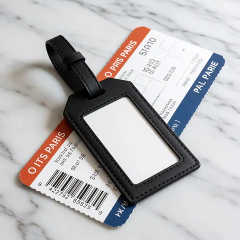 Close-up view of a luggage tag and boarding pass resting on a white marble surface, ideal for travel agency product imagery
